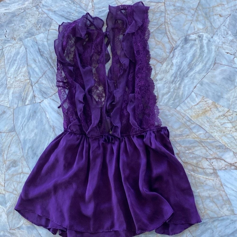 Rare VS DESIGNER SHORT ROBE Top Kimono Sheer Lace Chiffon: Large Purple